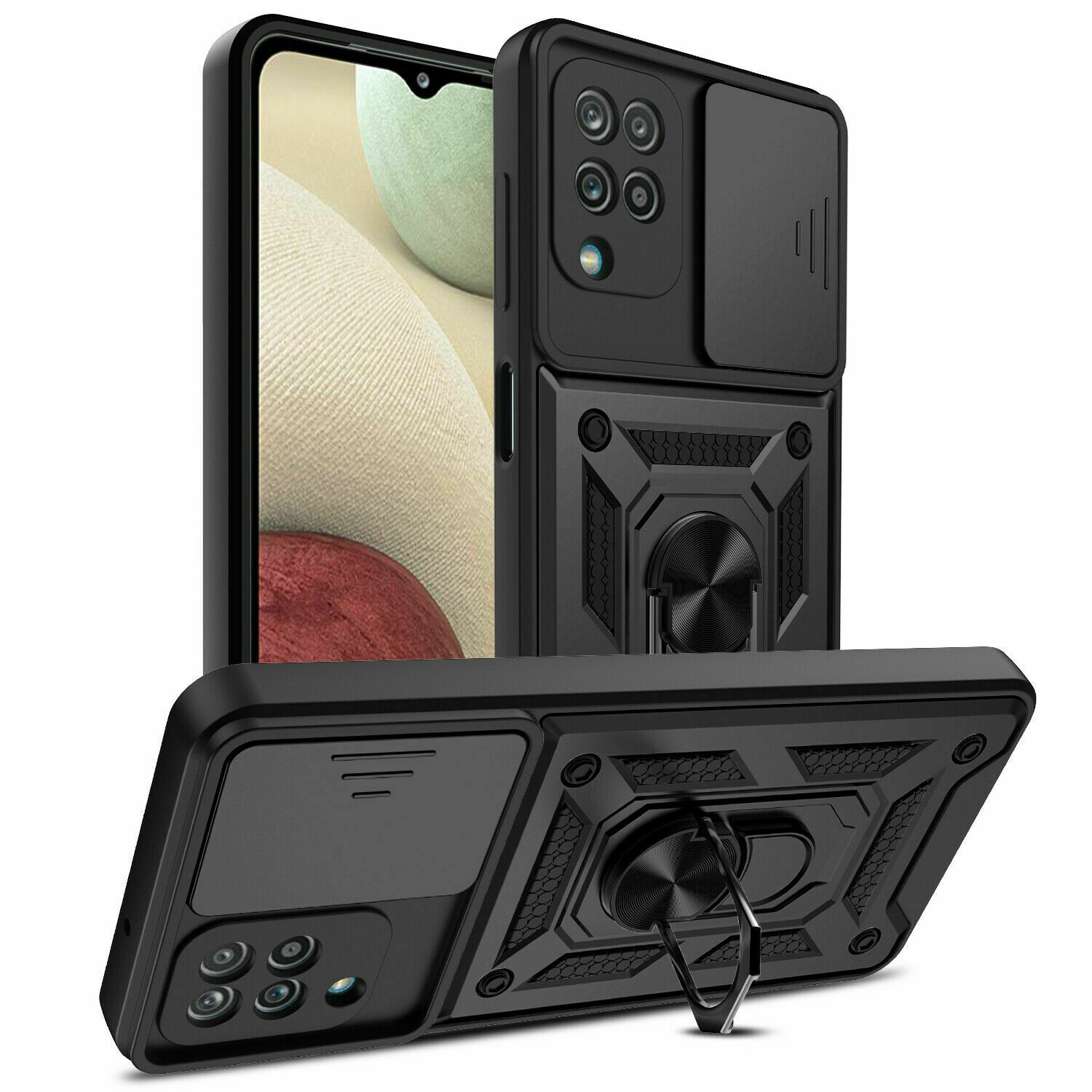 Protectores para celular  para Samsung  A12 / M12 Funda reforzada con anillo v3 cubre c�mara Negro